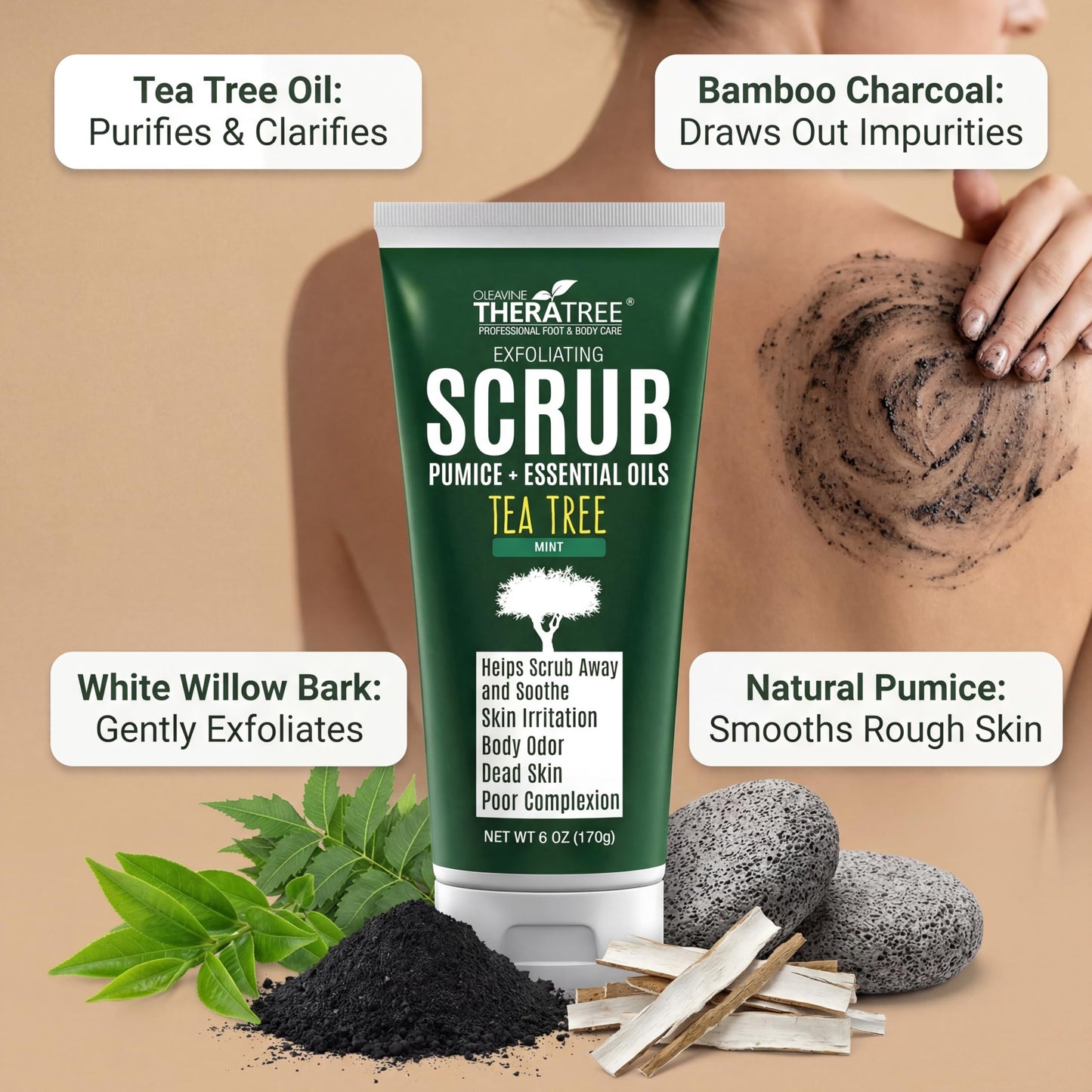 Tea Tree Oil Exfoliating Scrub with Bamboo Charcoal, Neem Oil & Natural Pumice by Oleavine TheraTree