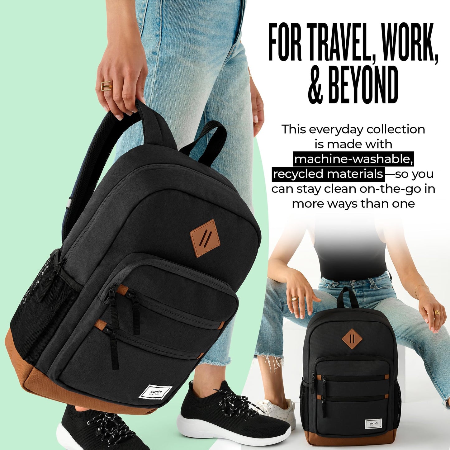 Solo New York Laptop Backpack for Women & Men -Carry On Bookbag for Travel & Work, Lightweight Bag, Side Mesh Pockets, Fits 15.6" Computer - Re:Fresh, Black