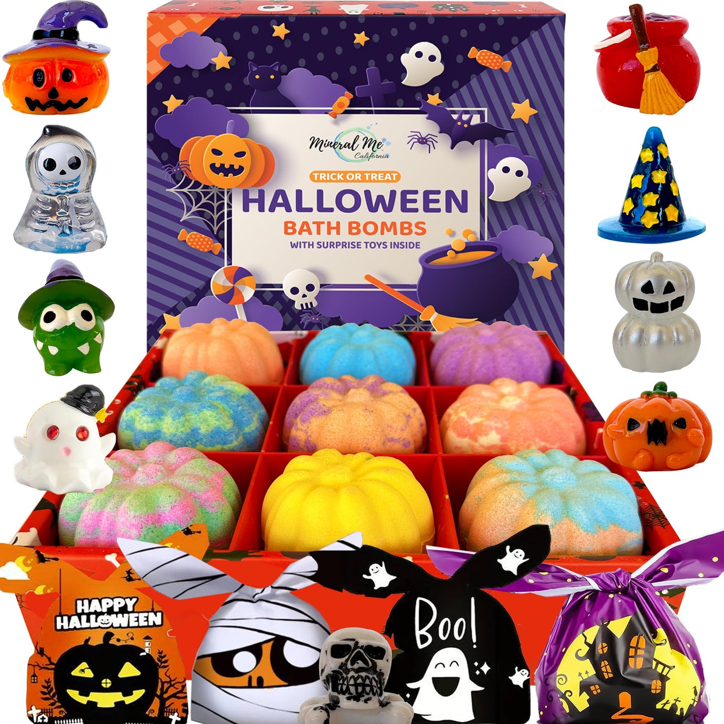 Bath Bombs for Kids with Surprise Toys Inside - Set of 9 Organic Halloween Bath Bombs, Gentle and Safe - Fizzy Balls with Rainbow Bubbles, Halloween…