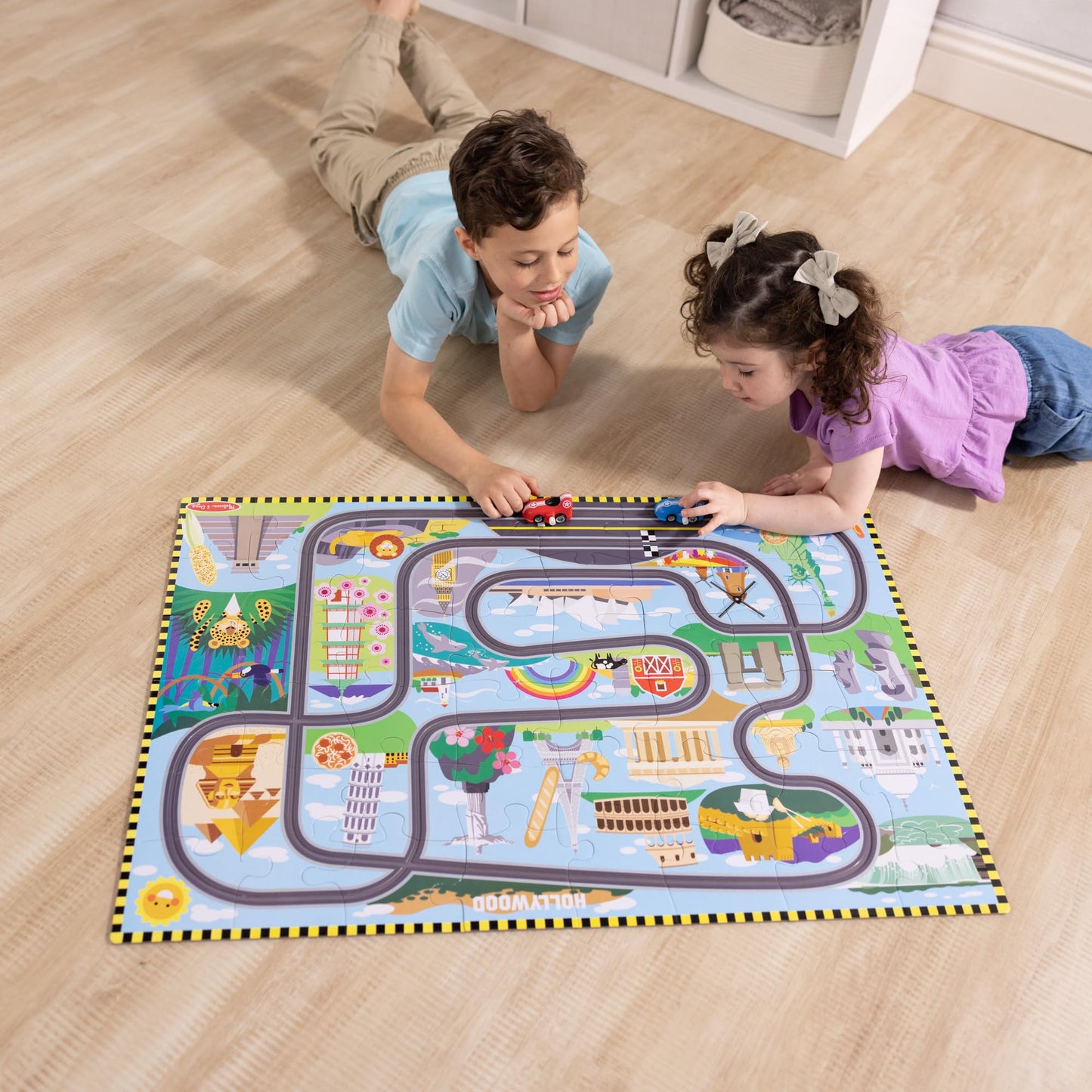 Melissa & Doug Race Around The World Floor Puzzle – 48-Piece Cardboard Jigsaw with Wind-Up Vehicles, Educational Toy for Kids Ages 4+, FSC Certified
