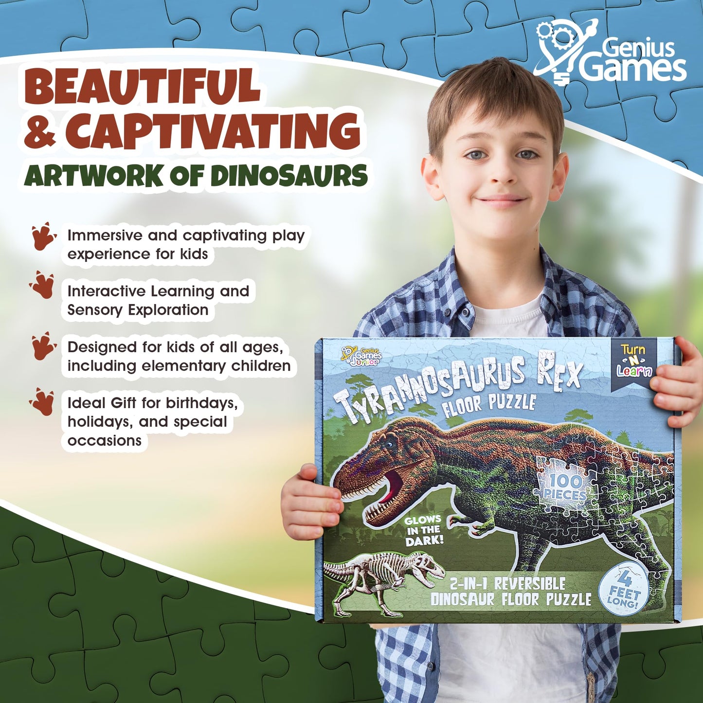 Tyrannosaurus Rex Dinosaur 100-Piece Floor Puzzle – Double Sided with Glow-in-the-Dark Skeleton – 4 FT Educational Dino Toy for Kids