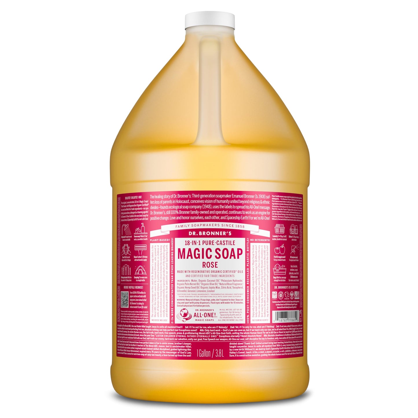 Dr. Bronner's Magic Soap Pure-Castile Liquid Soap (Rose, 1 Gallon) - Made with Organic Oils, 18-in-1 Uses: Face, Body, Hair, Laundry, Pets and Dishes