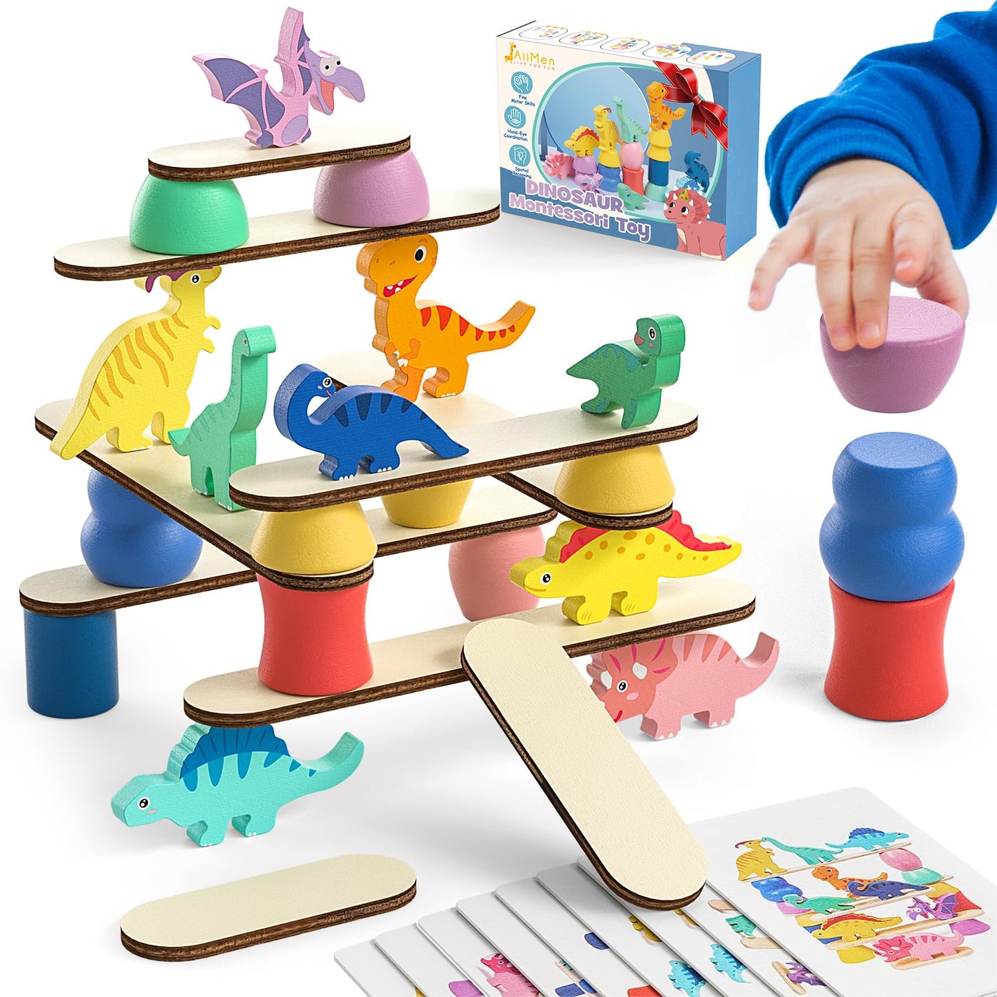 Montessori Wooden Dinosaur Toys – Sorting, Stacking & Balance Blocks for Toddlers Ages 1-4, Preschool Educational Birthday Gift