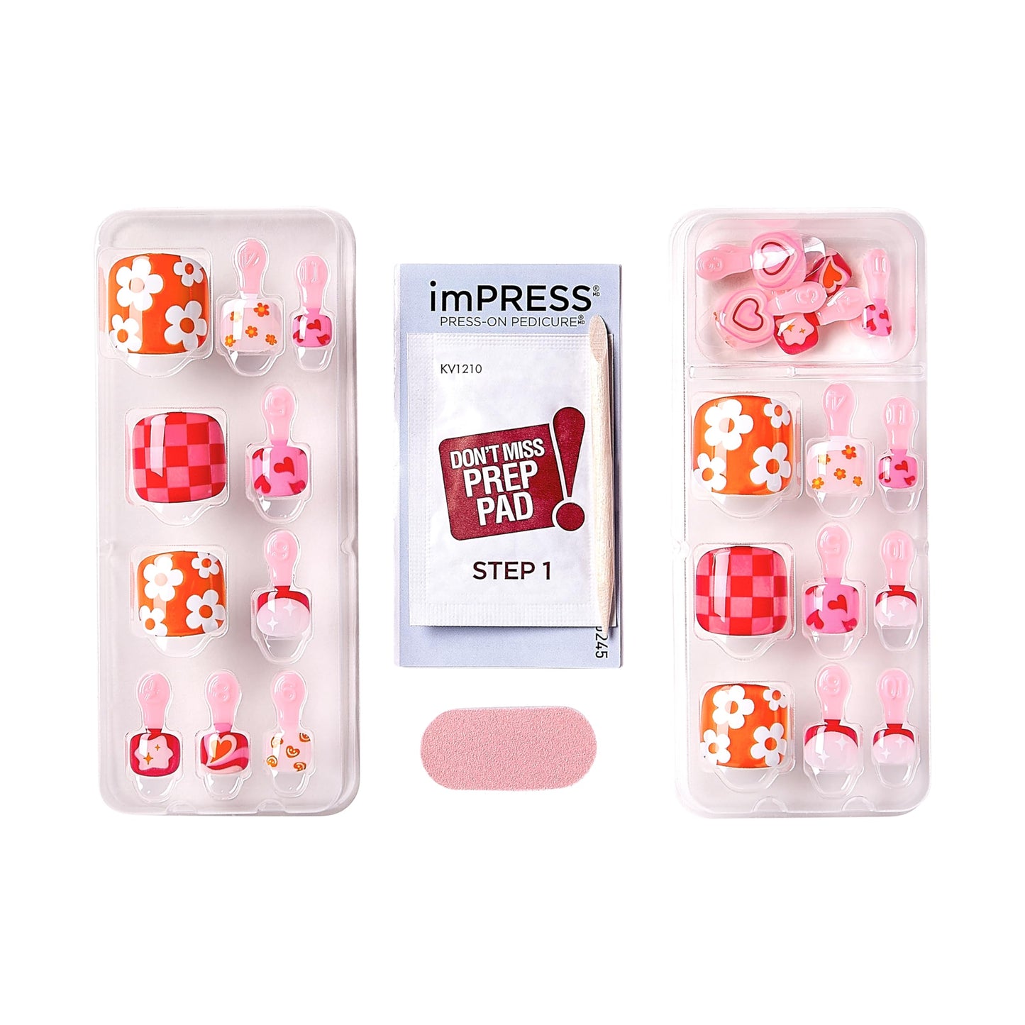 KISS Impress No Glue Pedi Press-On Toenails, Summer Retro Hot Pink & Orange Flower & Heart French Tip, Squoval Shape, Includes 24 Nails, Prep Pad, 1 Beauty & Personal Care KISS