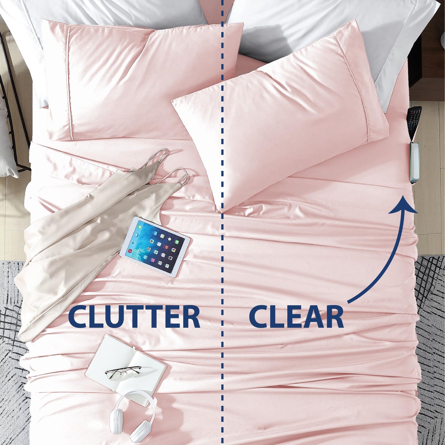 Swift Home Smart Sheets, Ultra Soft Brushed Microfiber 4-Piece Sheet Set, Fitted Bed Sheet with Side Storage Pockets - Blush, Full