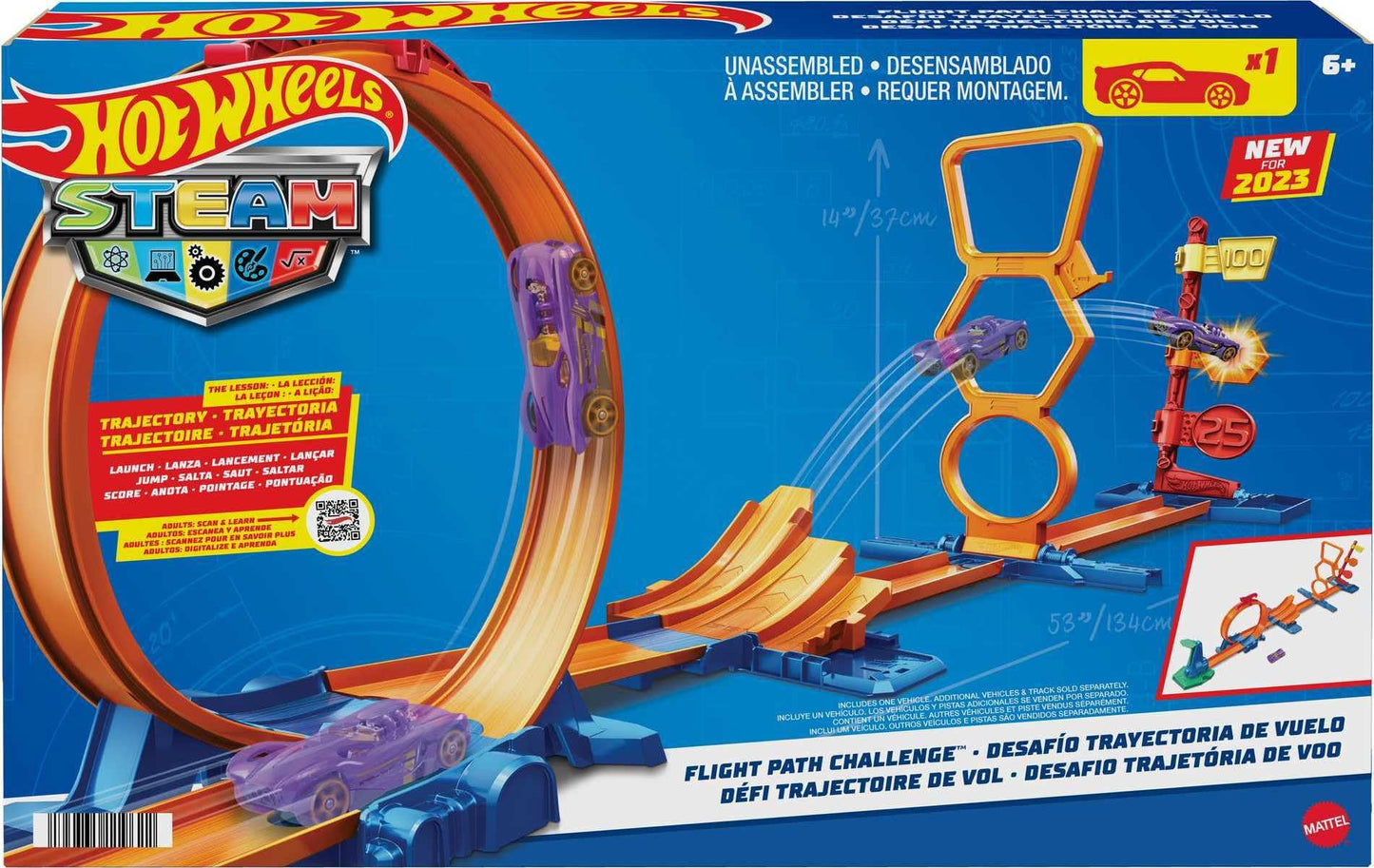 Hot Wheels Toy Car Track Set with 1:64 Vehicle, STEAM Flight Path Challenge Playset, Learn The Basic Physics of Trajectory, Track Storage