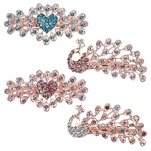 QXUJI 4PCS Crystal Rhinestones Hair Clips, Sparkly Glitter Flower Peacock Hair Barrettes, Metal Spring Hair Pins Snap Accessories, for Women Girls