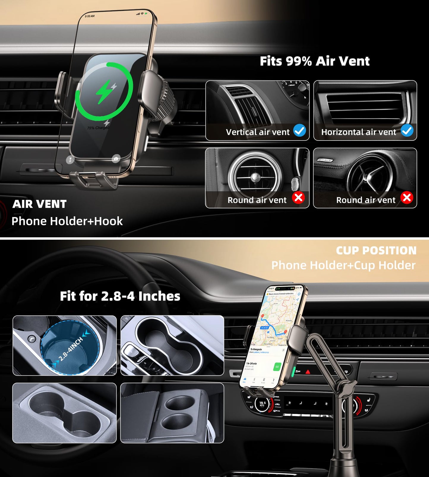 Dual Coil 15W Cup Phone Holder Mount,Wireless Car Charger Auto-Clamping Fast Charging Vent Phone Holders for Your Car for iPhone 17/16/15,Samsung…