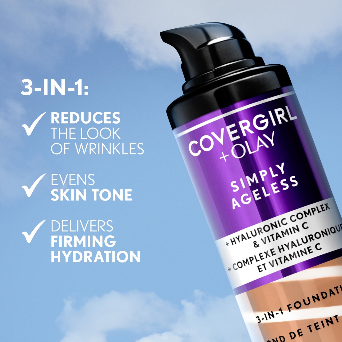 COVERGIRL & Olay Simply Ageless 3-in-1 Liquid Foundation, Matte Finish, Hyaluronic & Vitamin C Formula, 260 Classic Tan, 1 Count