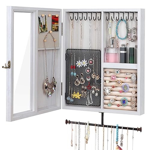 Keebofly Wall Mounted Jewelry Organizer With Rustic Wood Large Space Jewelry Cabinet, Holder, Storage Box for Necklaces, Earrings, Bracelets, Ring…