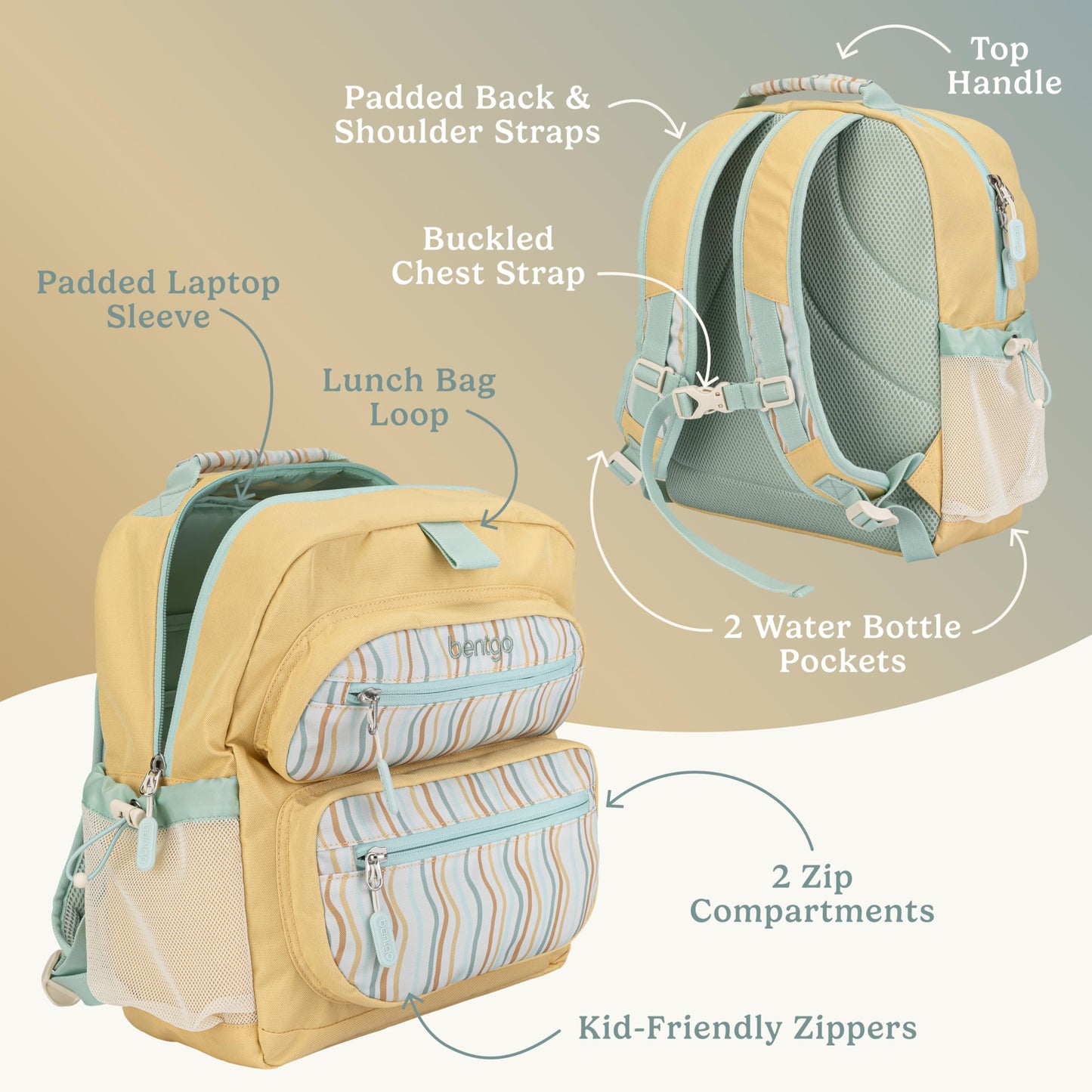 Bentgo Kids Backpack (Whimsy & Wonder Collection) - Lightweight 14’’ for School, Travel & Daycare - Ideal for Kids 4+, Durable & Water-Resistant, Roomy Interior, Loop for Lunch Bag (Wavy)