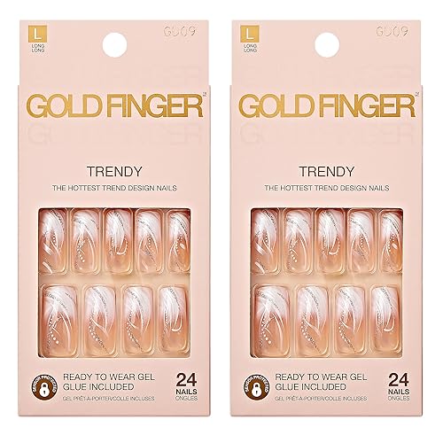 Gold Finger False Nails Gel Glam Design Full Cover Fake Nails, Long Length (2 PACK)