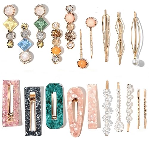 Mehayi 20 PCS Pearls and Acrylic Resin Hair Clips, Handmade Hair Barrettes, Marble Alligator bobby pins, Glitter Crystal Geometric Hairpin, Elegant