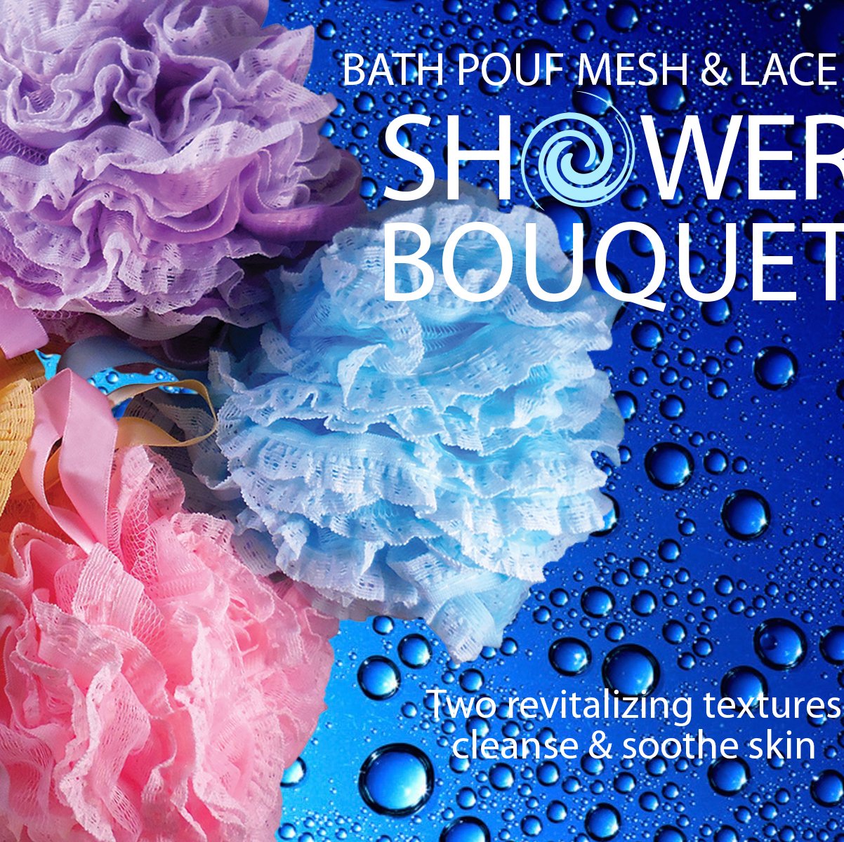 Loofah-Bath-Sponge Lace-Mesh-Set // 2-Scrubs-in-1 by Shower Bouquet/Large Full 60g Pouf (4 Pack Spa Colors) Body Luffa Loofa Loufa Puff - Exfoliate