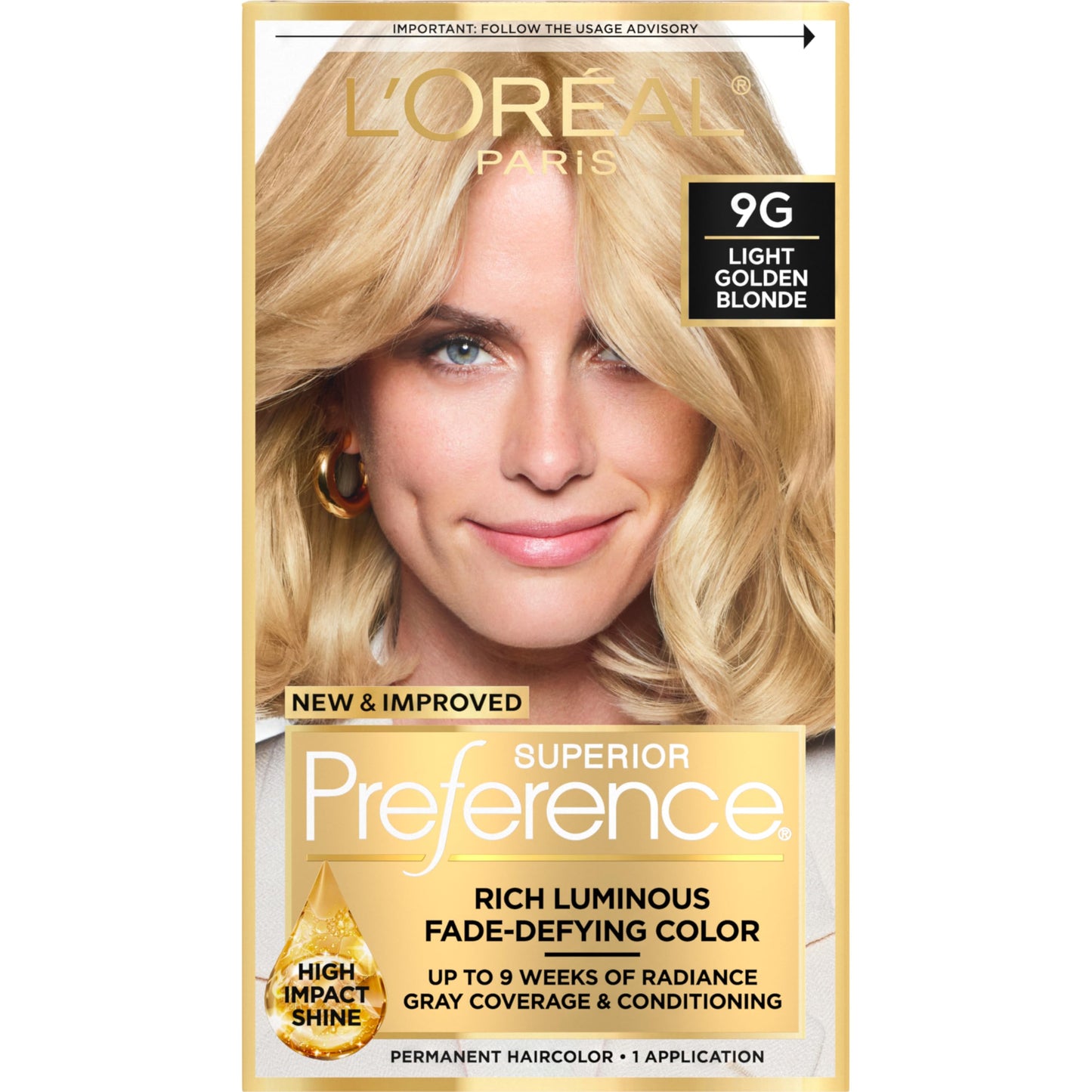 L'Oreal Paris Superior Preference Luminous Fade-Defying Permanent Hair Color, Hair Dye For Up to 9 Weeks of Radiance, Light Golden Blonde 9G, 1 Hair
