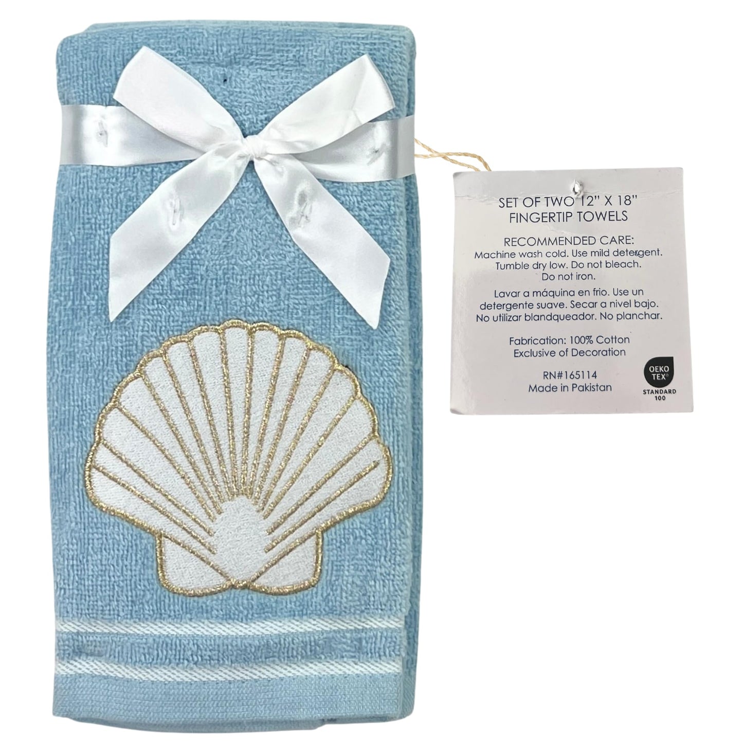 Coastal Bathroom Fingertip Towels - Set of 2 Light Blue 100% Cotton Embroidered Seashell with Gold Outline Design - 18 x 12” Decorative Bath…