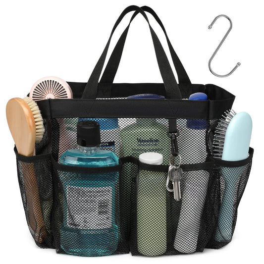 F-color Mesh Shower Caddy – Portable 7-Pocket Quick Dry Tote with S Hook & 2 Handles for Dorm, Gym, Bathroom, Camp – Black