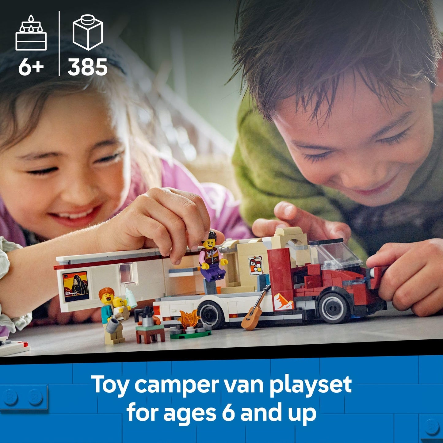 LEGO City Holiday Adventure Camper Van Toy Set – Vacation Building Kit for Kids 6+ with 3 Minifigures & Accessories – 60454