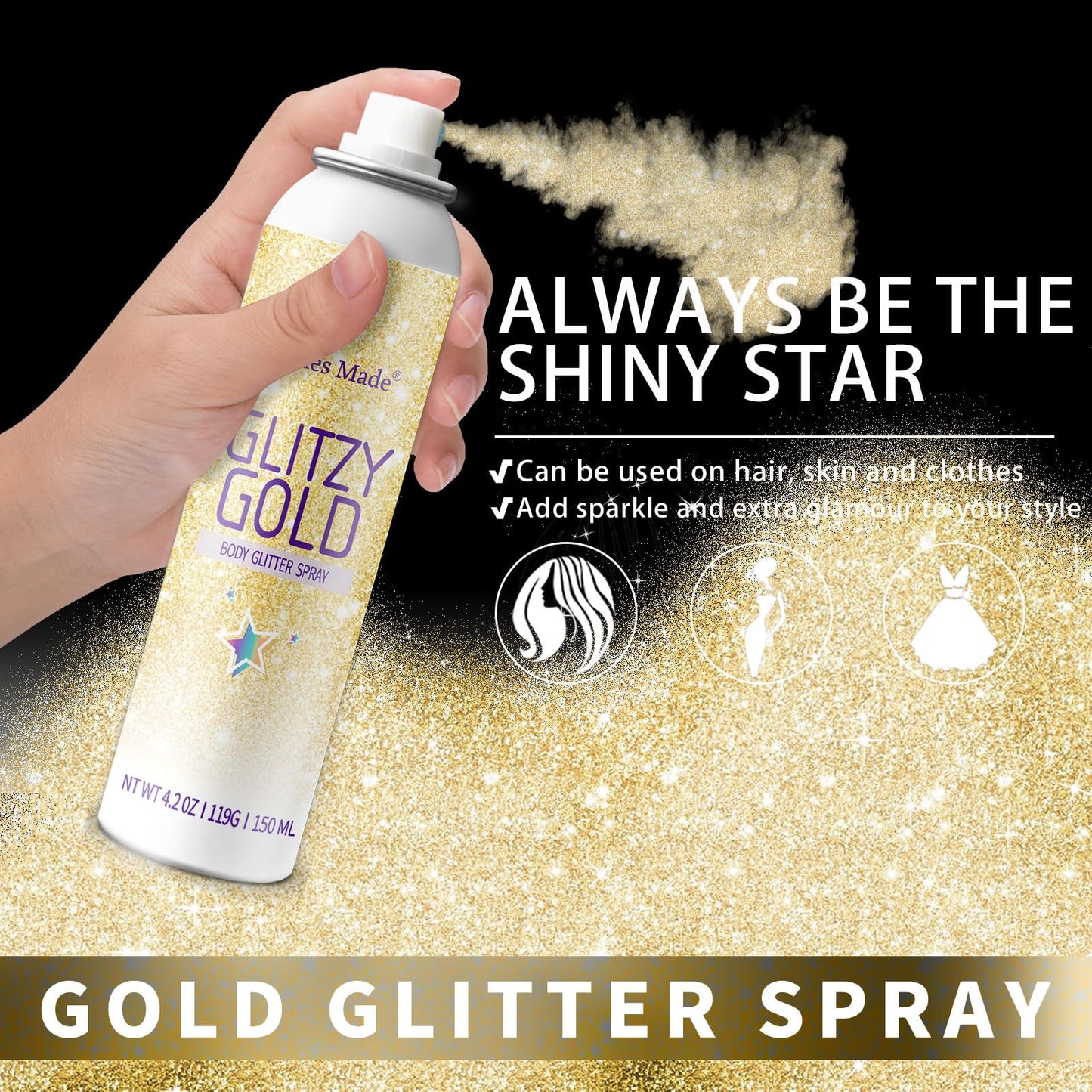 Elitles Made Hair Glitter Body Glitter Spray, 150ML Glitter Hairspray Gold Glitter Spray for Hair and Body, Hair Glitter for Kids Women, Body Shimmer