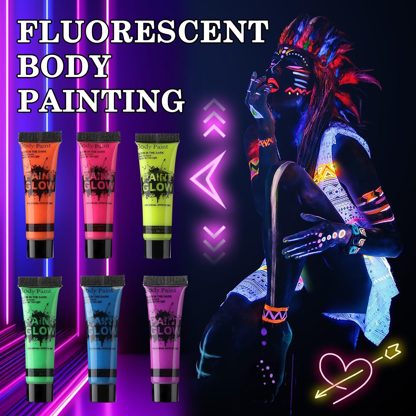 6 Colors Glow in the Dark Face and Body Paint Set - Halloween Cream for Skin, Professional Painting Kit for Party, Cosplay, Blacklight Glow SFX