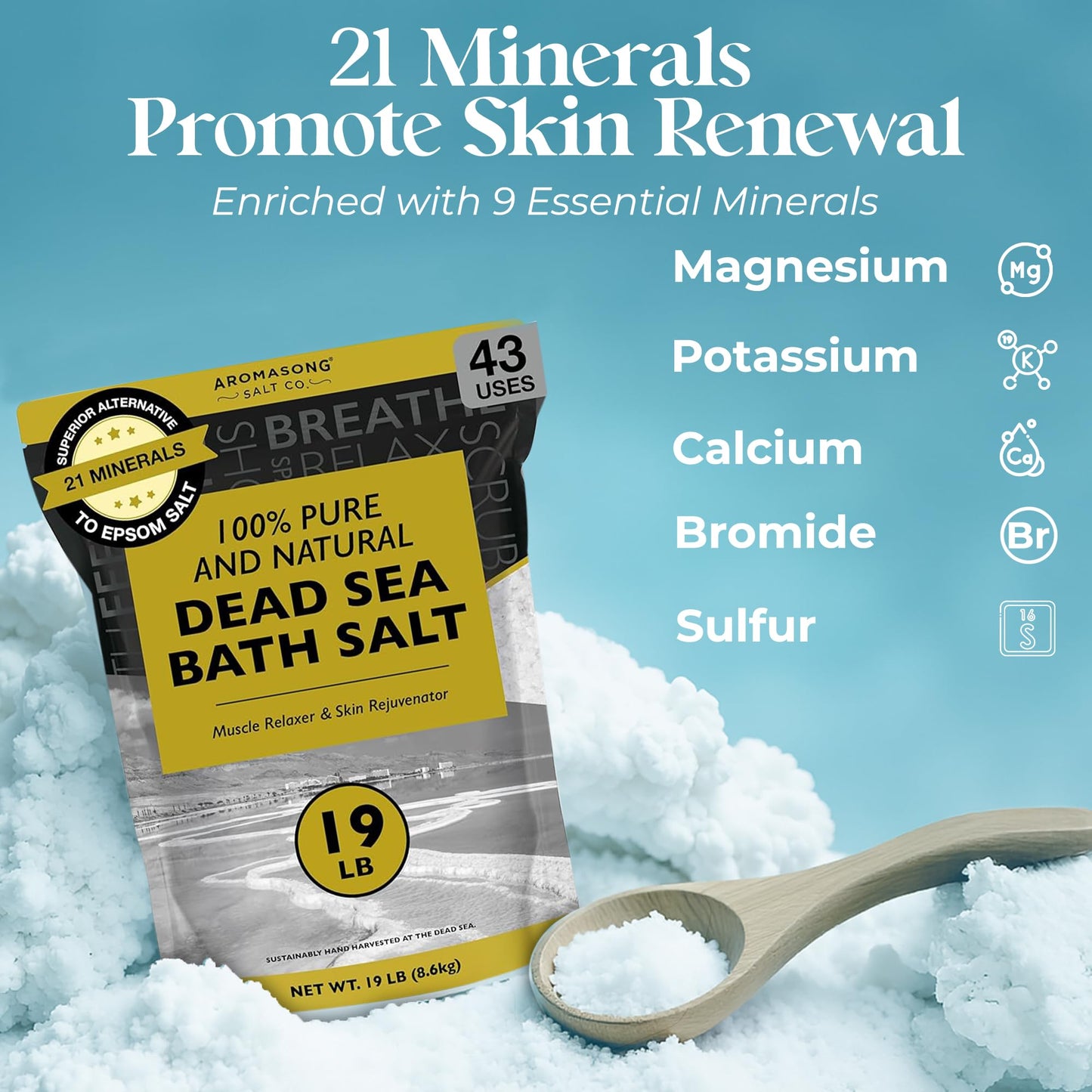 Aromasong Dead Sea Bath Salt - 100% Pure & Natural Dead Sea Salts for Soaking Coarse Grain 19 LB - Bulk Resealable Pack (Packaging May Vary) Used
