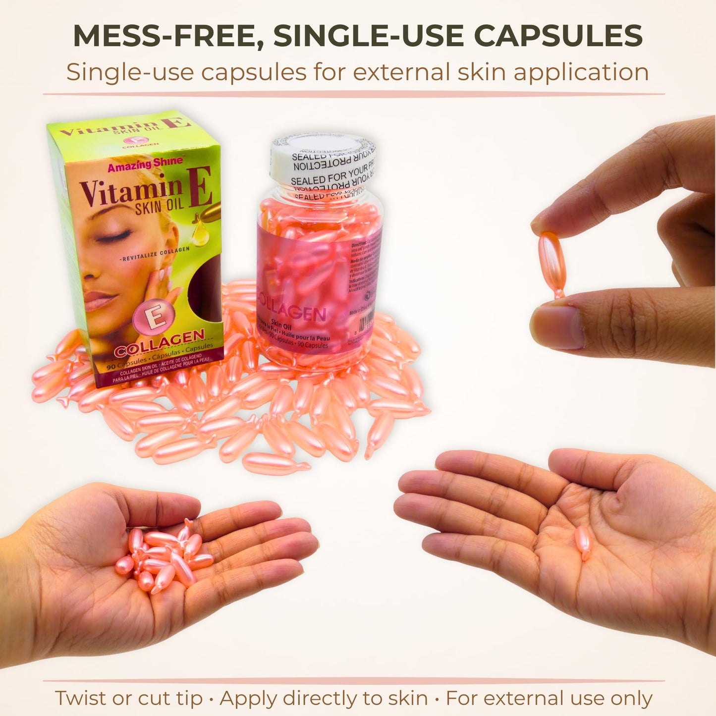 Amazing Shine Collagen Skin Oil Capsules, Topical Use Only, Single Use Twist Off Capsules, External Skin Oil, 90 Capsules