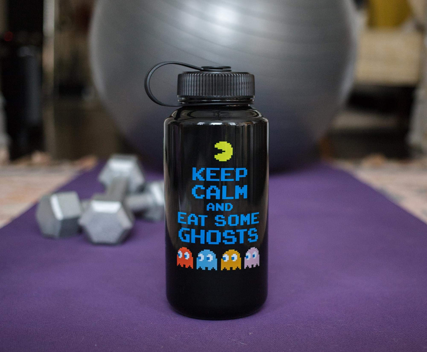 JUST FUNKY PAC-MAN Keep Calm and Eat Some Ghosts Water Bottle | BPA-Free Large Plastic Water Jug With Screw Top Lid | Hydration For Outdoor Sports