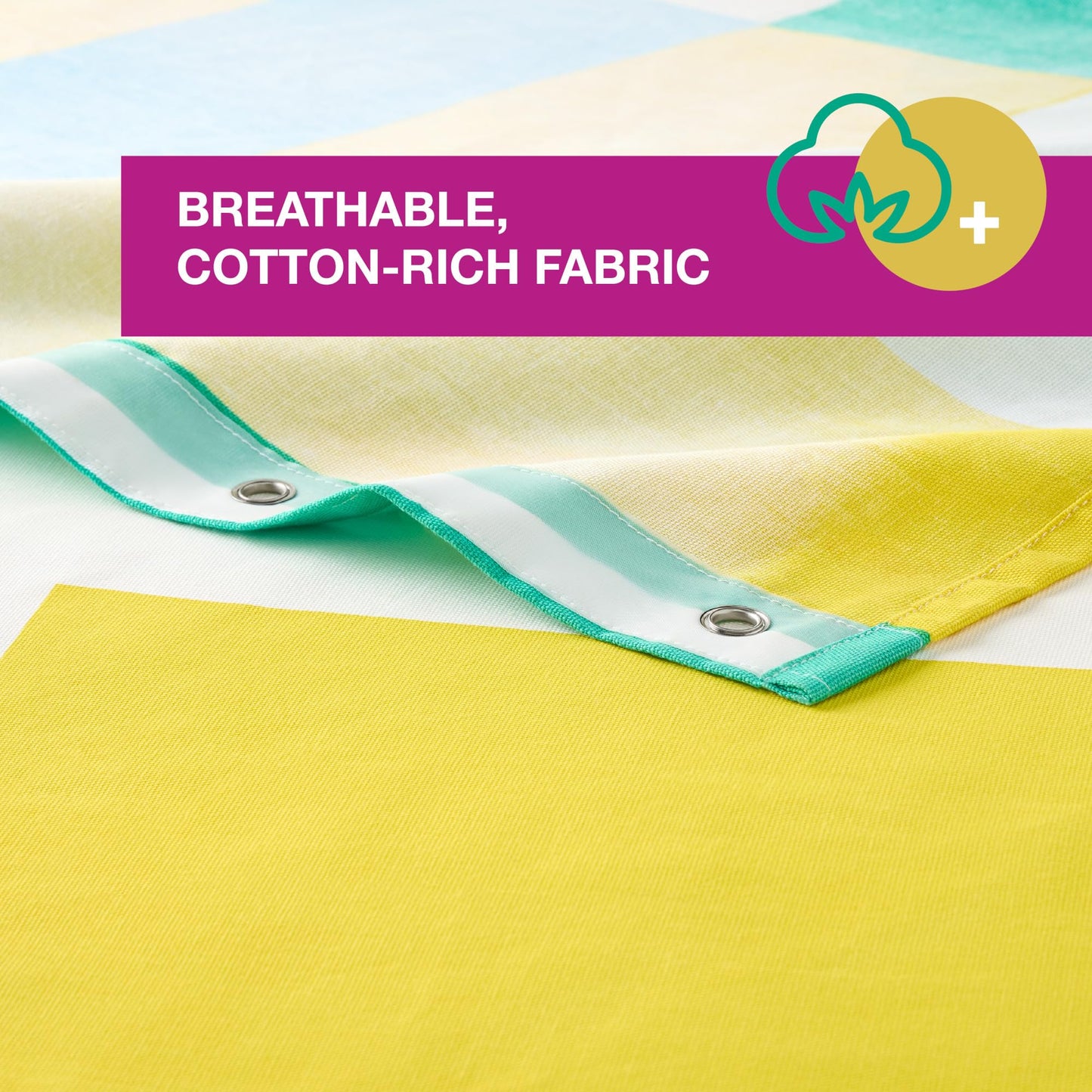 TOWN & COUNTRY PLAY Lucy Mid Century Squares Cotton-Rich Breathable Fabric Shower Curtain with Anti-Rust Grommets, White/Yellow/Green, 70"x72"