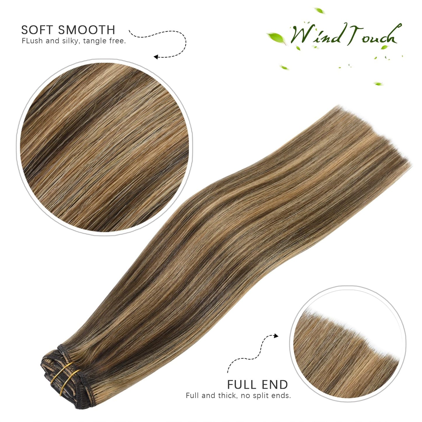 WindTouch Clip In Hair Extensions Human Hair Chocolate Brown to Dark Blonde Balayage Remy Hair 18Inch 75g #4p27 7PCS