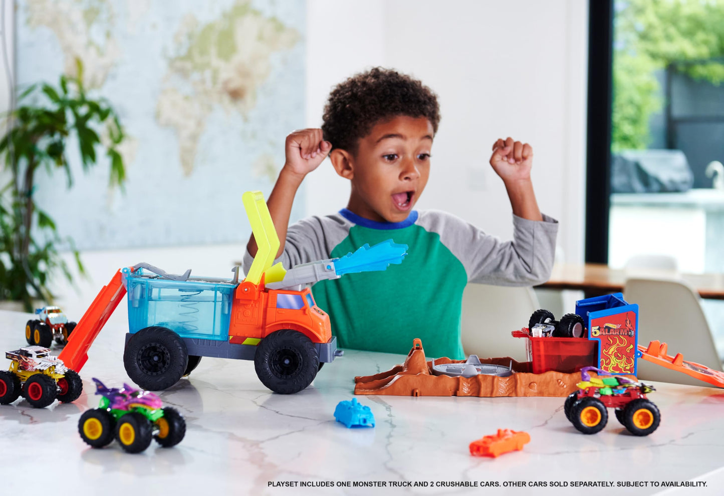 Hot Wheels Monster Trucks Color Shifters 5 Alarm Rescue with Color Shifter Truck, 2 Demolition Cars and 1 Trailer