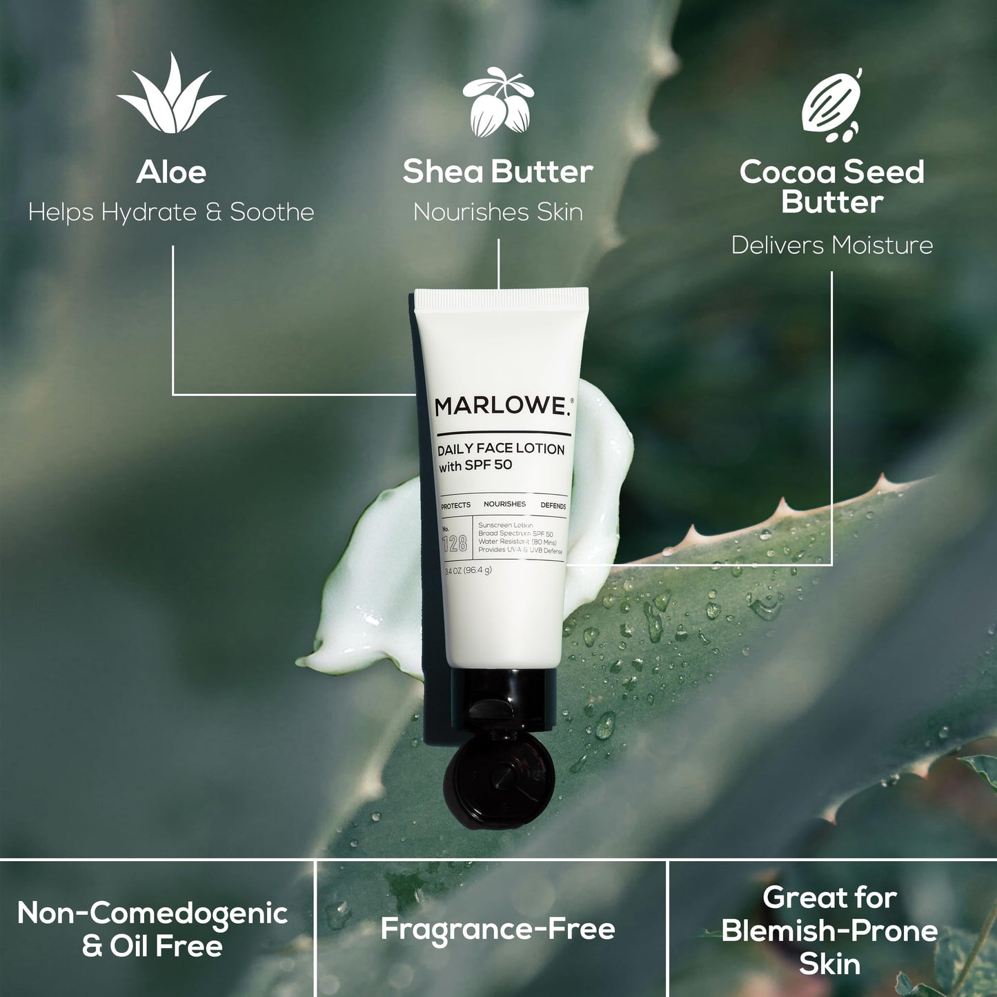 MARLOWE. No. 128 Men's Facial Lotion with Sunscreen SPF 50, 3.4 oz, Oil-Free, Lightweight Daily Face Moisturizer for Men, Includes Natural Extracts
