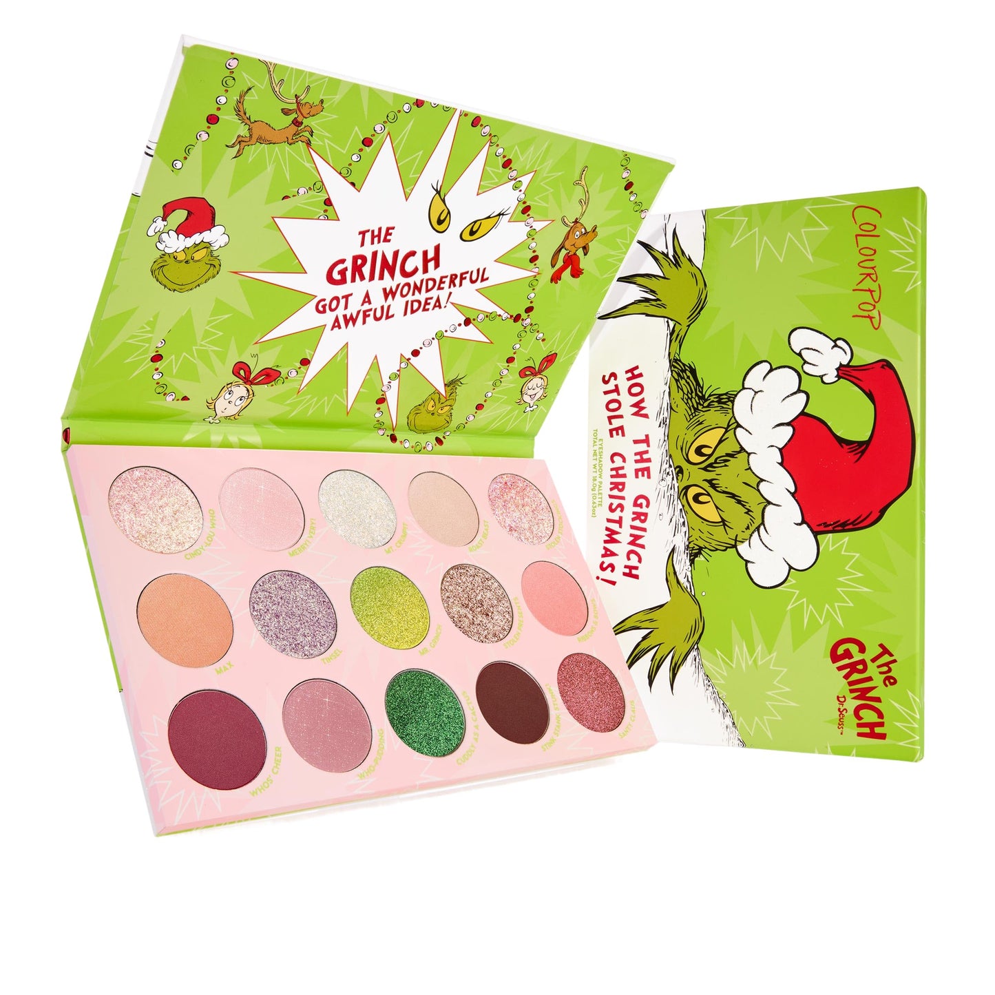 ColourPop x The Grinch How The Grinch Stole Christmas Eyeshadow Palette - Limited Edition 15 Pan Eye Makeup Palette with 5 Buildable & Blendable…