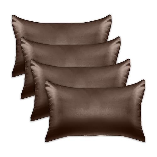 Elegant Comfort 4-PACK Chocolate Brown Satin Pillowcase Set with Hidden Zipper closure, Silky Smooth for Hair and Skin Care-Beautiful Gift Box-4-Piece