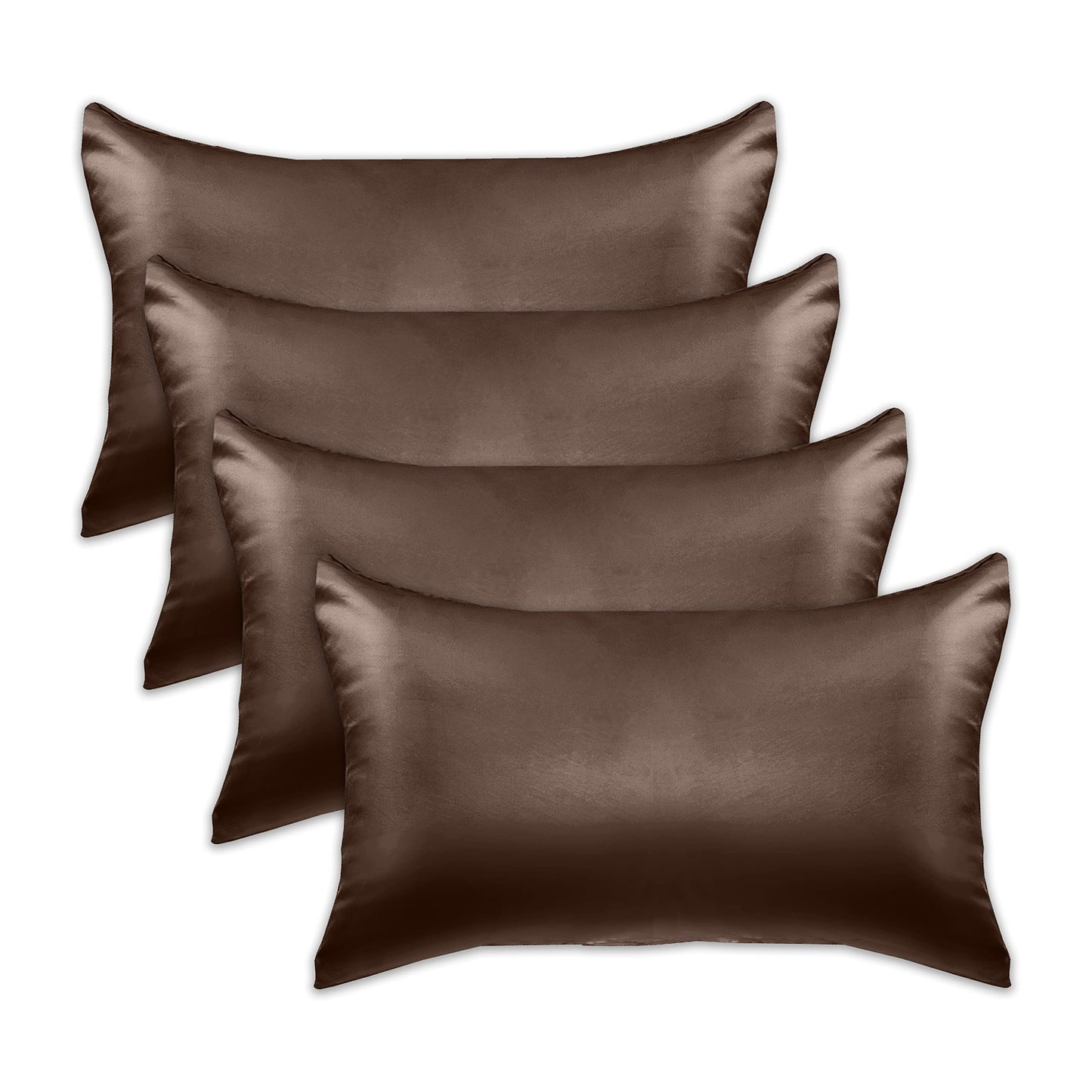 Elegant Comfort 4-PACK Chocolate Brown Satin Pillowcase Set with Hidden Zipper closure, Silky Smooth for Hair and Skin Care-Beautiful Gift Box-4-Piece
