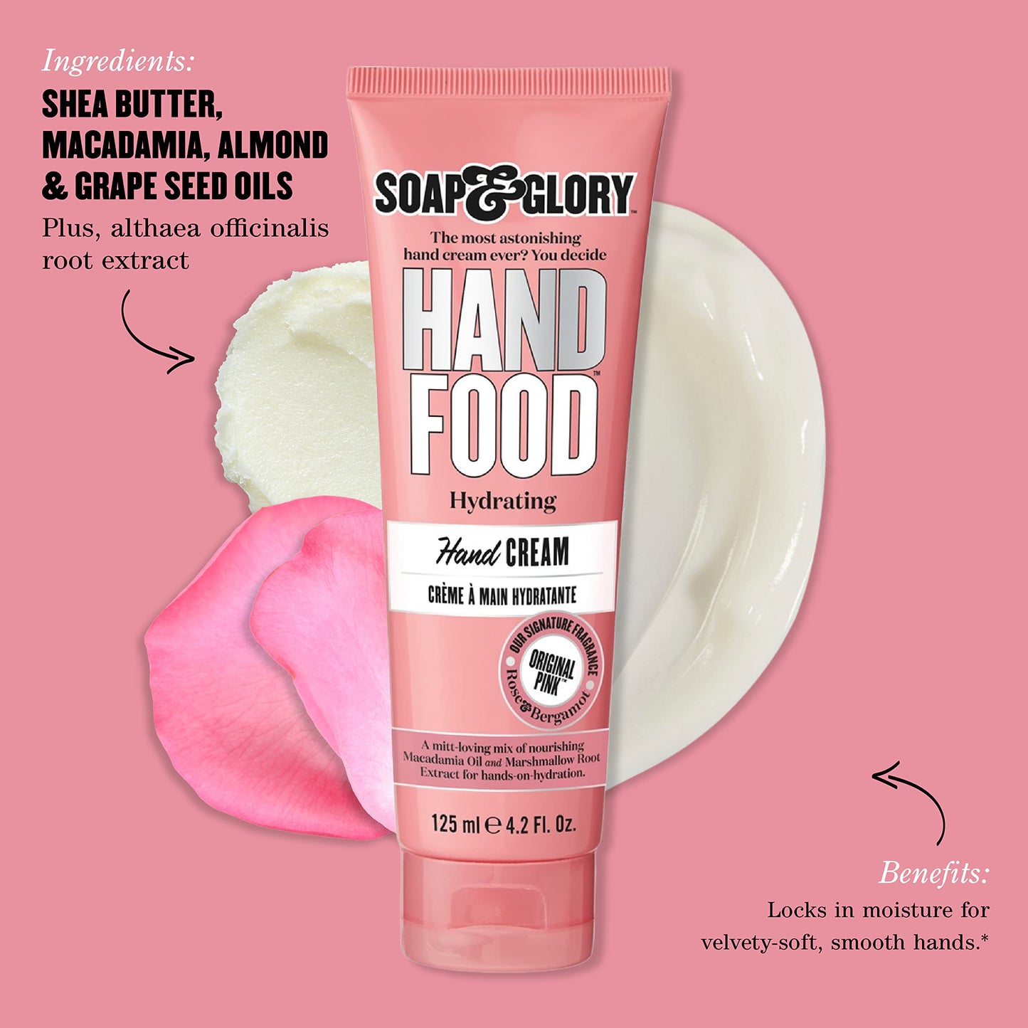 Soap & Glory Hand Food Hand Cream - Almond Oil + Shea Butter Hydrating Cuticle & Hand Moisturizer - Rose & Bergamot Scented Hand Cream for Dry Hands