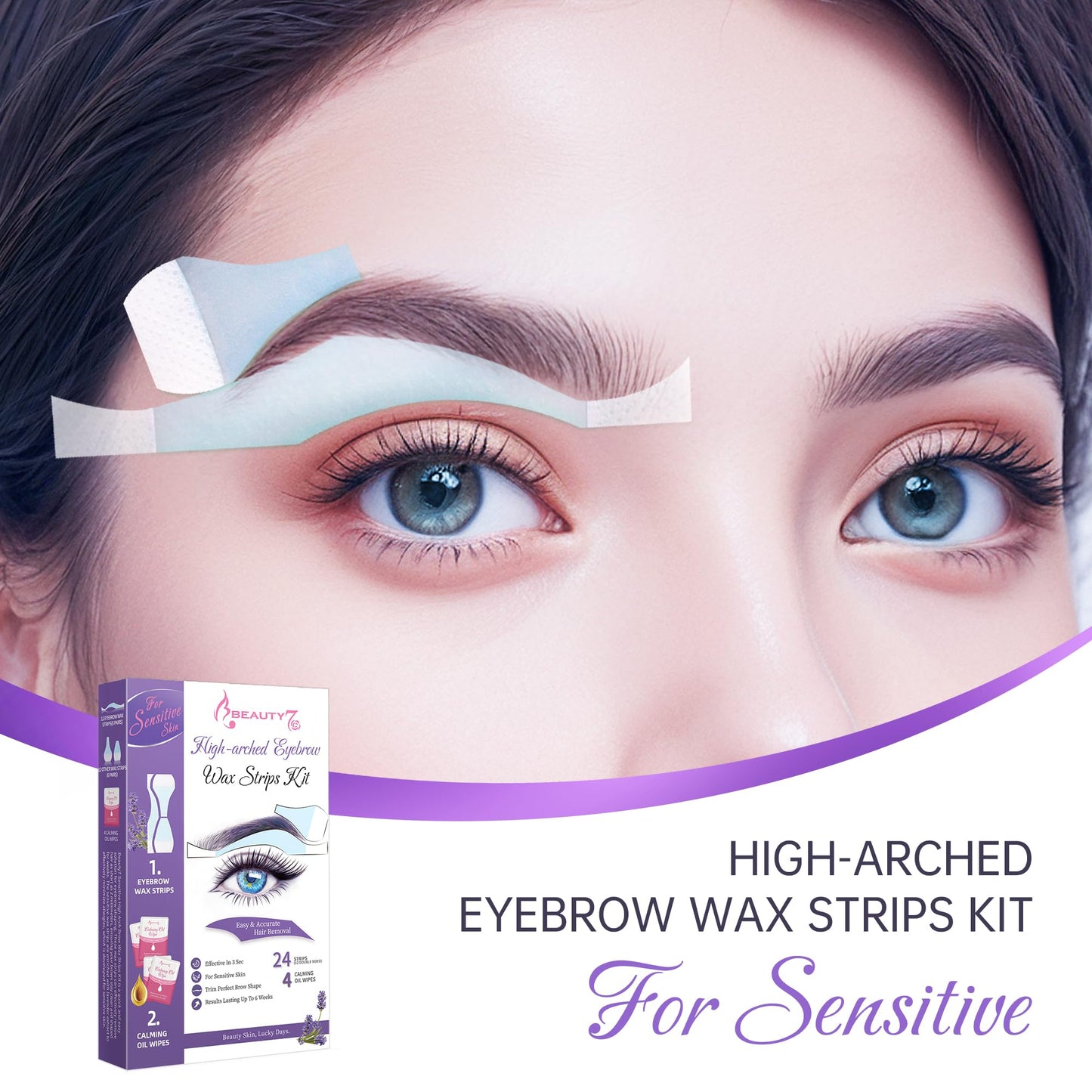 Beauty7 Sensitive High Arched Eyebrow Wax Strips, Facial Hair Removal, 24 Eyebrow Waxing Strips, 4 Calming Oil Wipes, for Sensitive Skin Types Beauty and Personal Care Beauty7