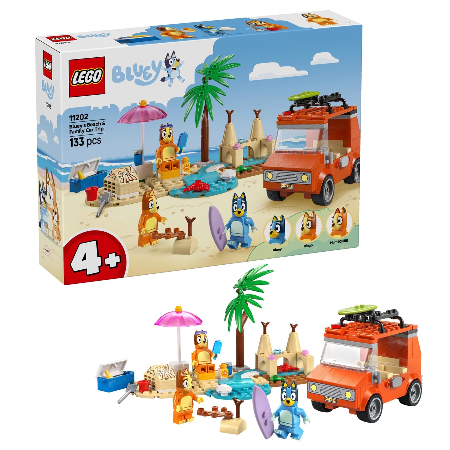 LEGO Bluey Beach & Family Car Trip 11202, Preschool Learning Toy with Bluey, Bingo & Mum Figures, Fun Birthday Gift for Kids Ages 4+