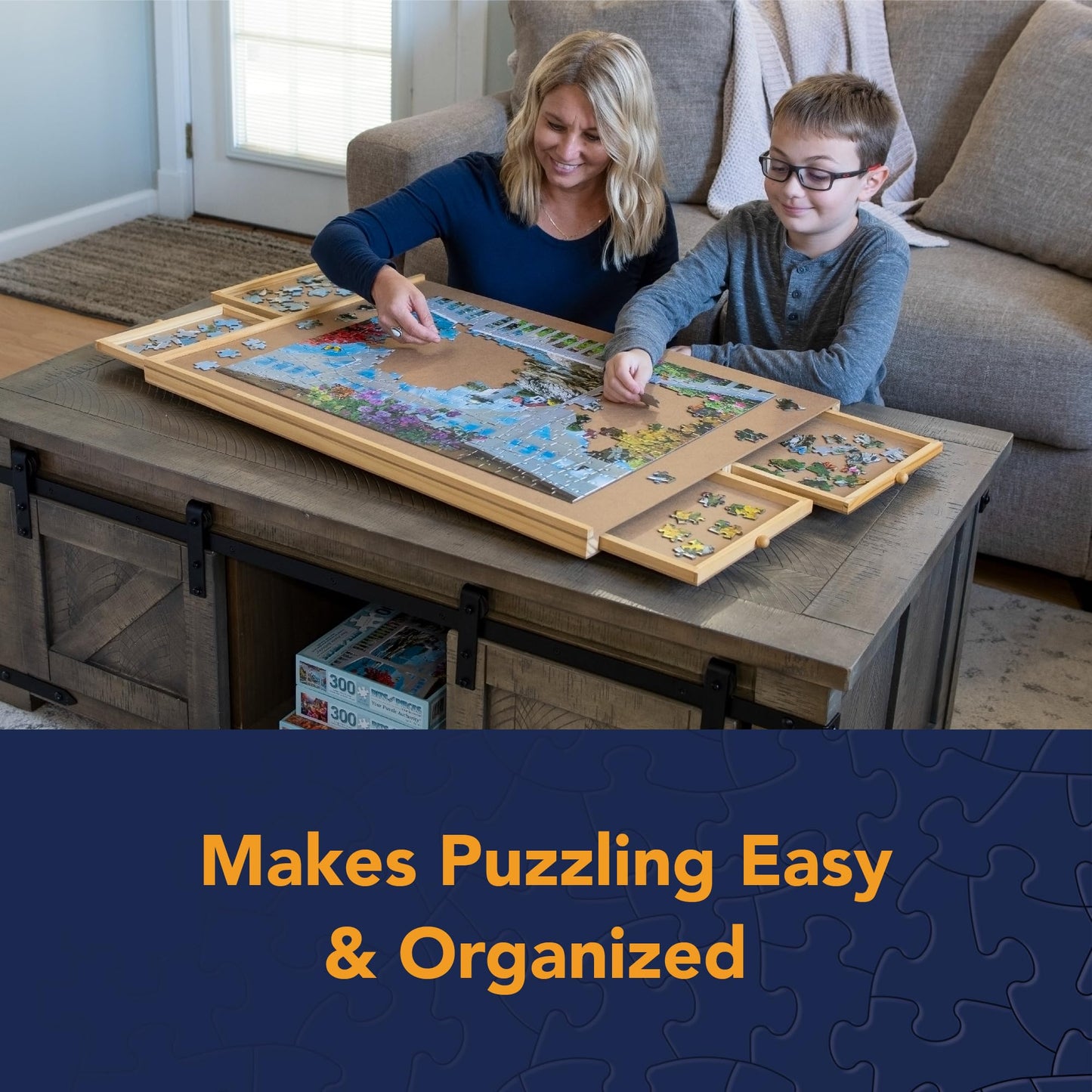 Bits and Pieces 1000 Piece Puzzle Board with Drawers – Wooden Jigsaw Table Organizer 22.25"x30" Non-Slip Surface & Sorting Trays