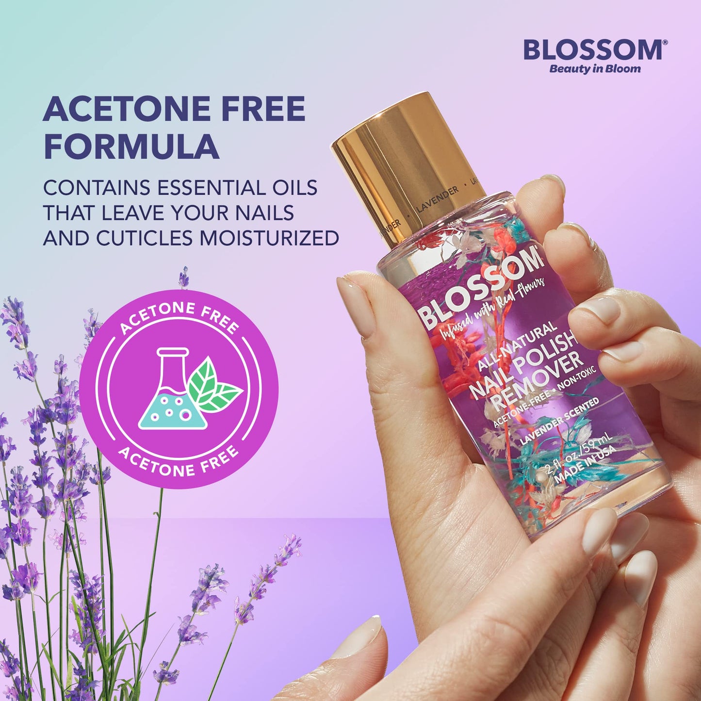 Blossom Non Toxic Nail Polish Remover Non Acetone, All Natural Scented, Vegan, Acetone Free Nail Polish Remover, Organic Plant-Based, Infused