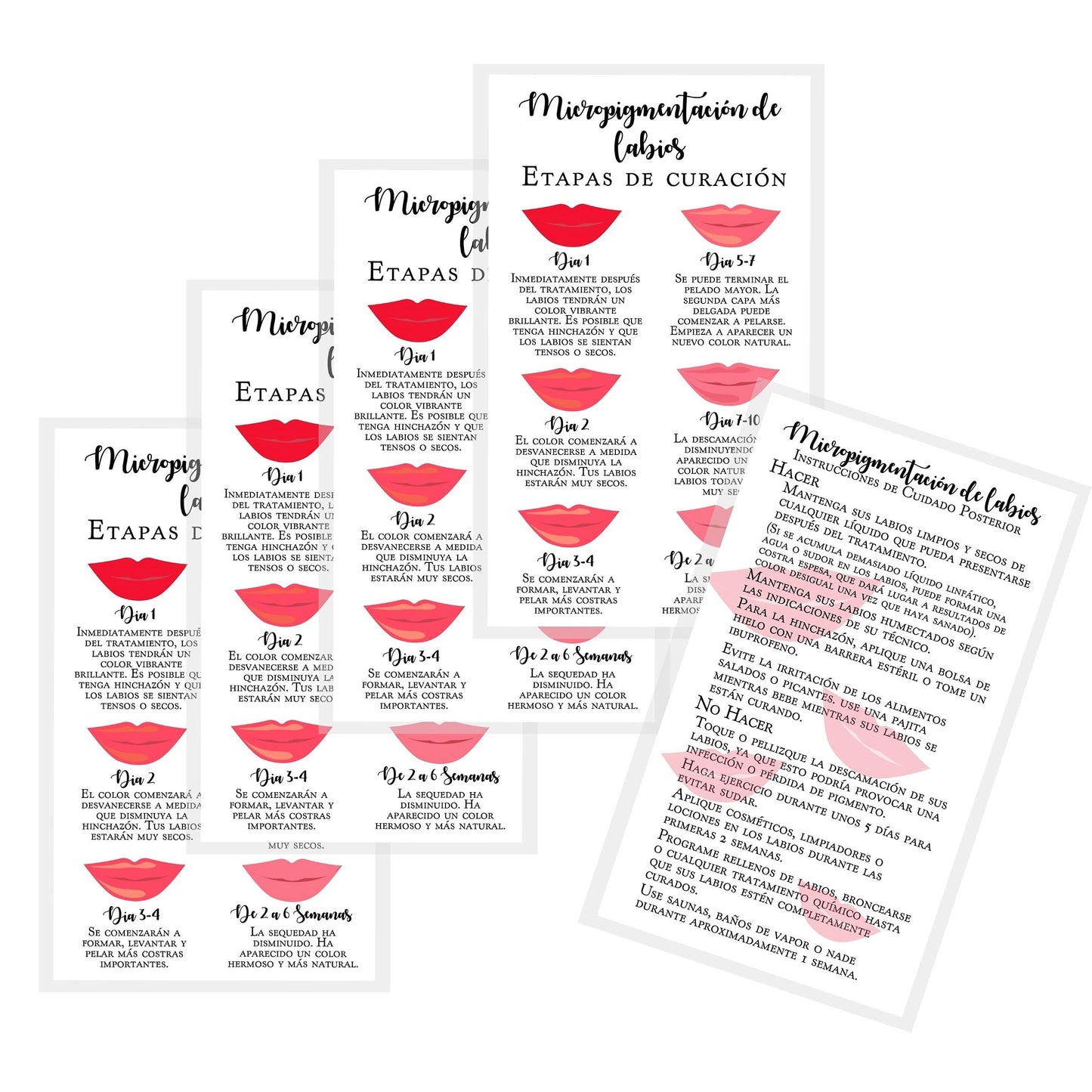 Boutique Marketing LLC Spanish Lip Blush Aftercare Card | Micropigmentación de Labios | 50 Pack | 2 x 3.5in inches Business Card | White with Red Lips