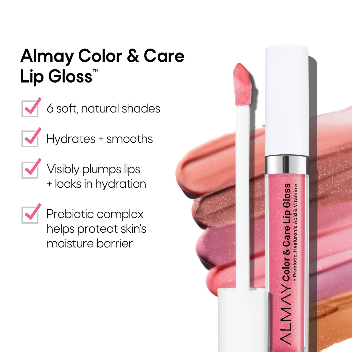 Almay Color & Care Hydrating Lip Gloss, Soft Natural Hues, Prebiotic Complex, Hyaluronic Filling-Sphere Technology, 300 Glitters Gold, 0.1 Fl Oz