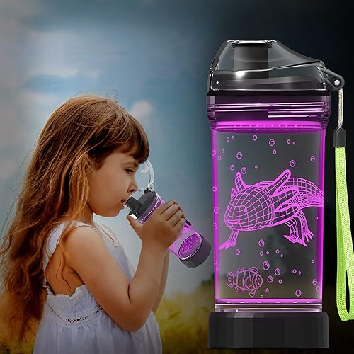 Ammonite Axolotl Water Bottle with 3D Glowing LED Light - 14 OZ Tritan BPA Free - Creative Ideal Travel Cup Gift for School Kid Boy Child Gamer