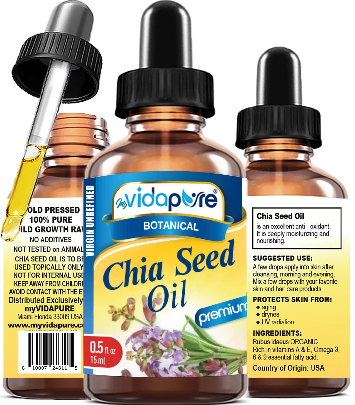 MYVIDAPURE CHIA SEED OIL Pure Natural Undiluted Refined Cold Pressed Carrier Oil for Skin, Face, Hair, Lip and Nail Care Anti-Aging (0.5 Fl Oz)