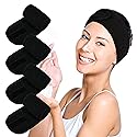 Facial Spa Headbands 4PCS, Makeup Shower Bath Wrap Sport Headband Terry Cloth Stretch Towel with Magic Tape (Black)