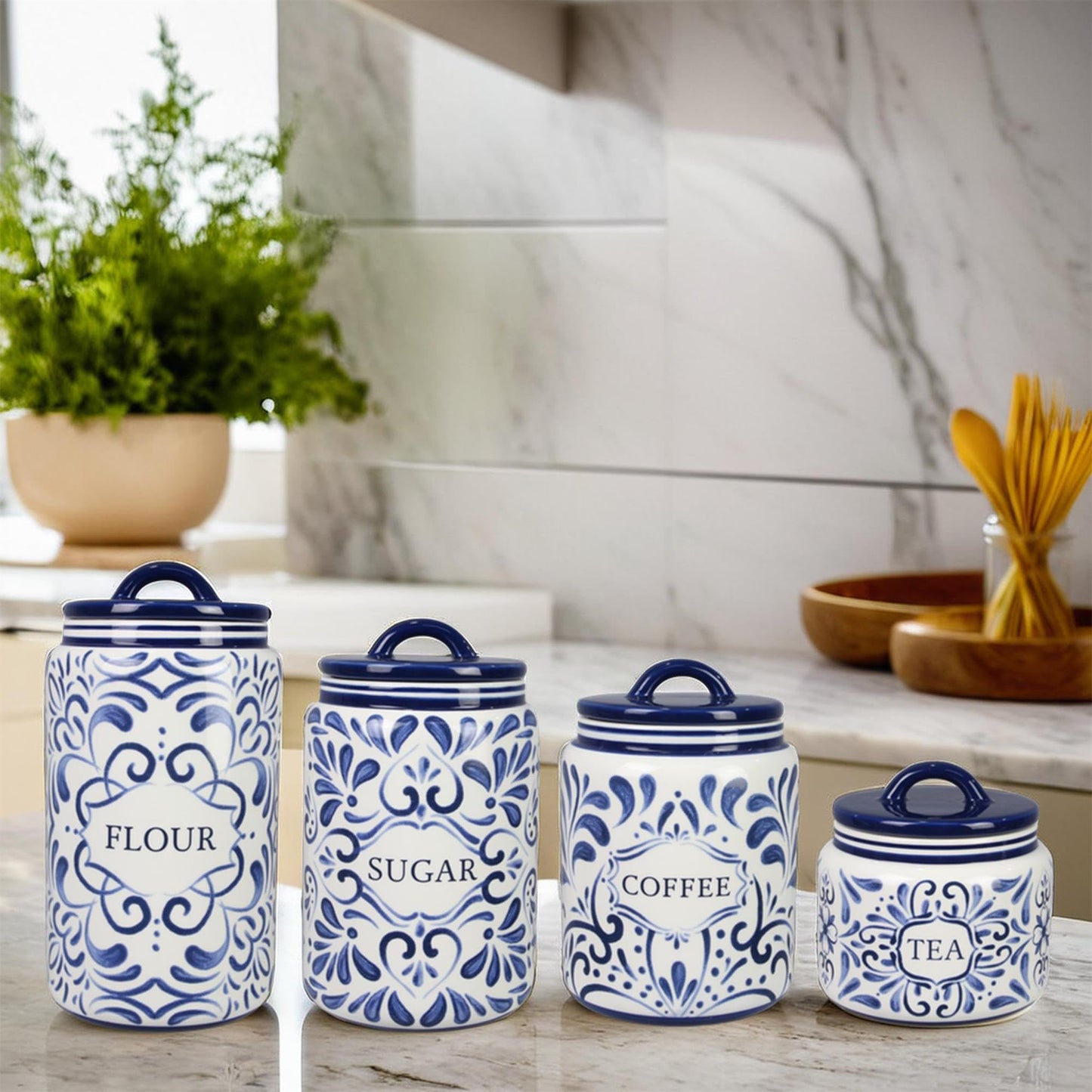 Young's Inc. 4 Pcs Set Talavera Ceramic Canisters- Storage Container for Kitchen and Bathroom - Beautiful Home Decor Accent to Store Food, Coffee…