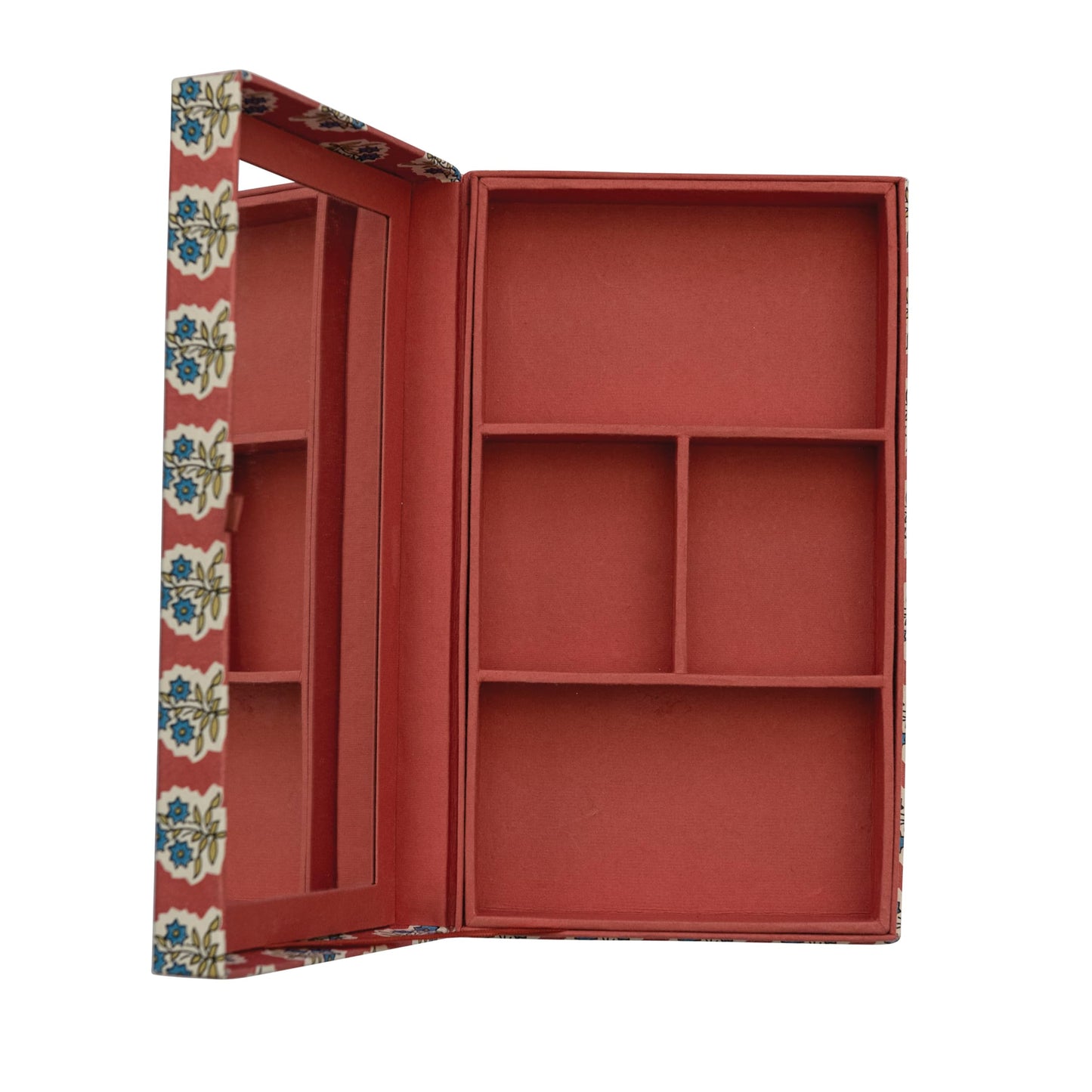 Fabric Covered Jewelry Box with Floral Pattern and Interior Mirror, Multicolor
