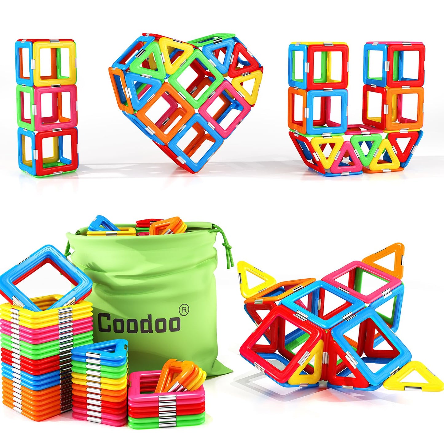 Coodoo Upgraded Magnetic Blocks Starter Set – Tough Tiles STEM Learning Toys for Kids Ages 3+, Compatible with Major Brands