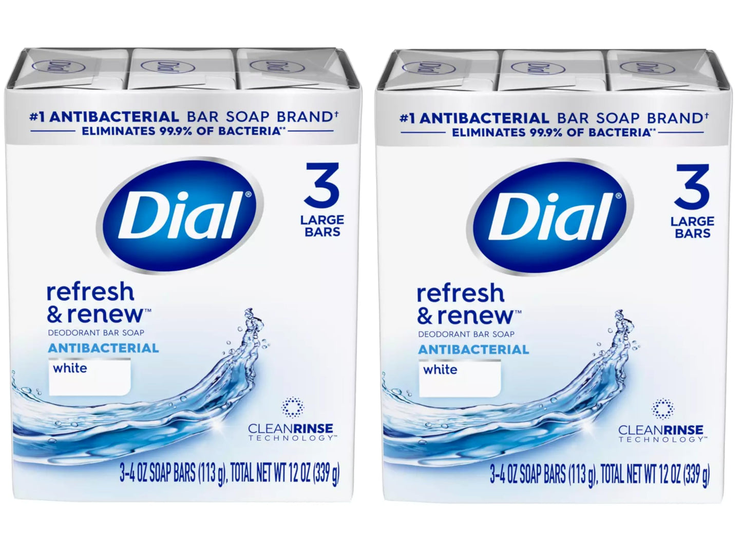 Dial Antibacterial Bar Soap, Refresh & Renew, White, 3-4 OZ Soap Bars - 2 Pack