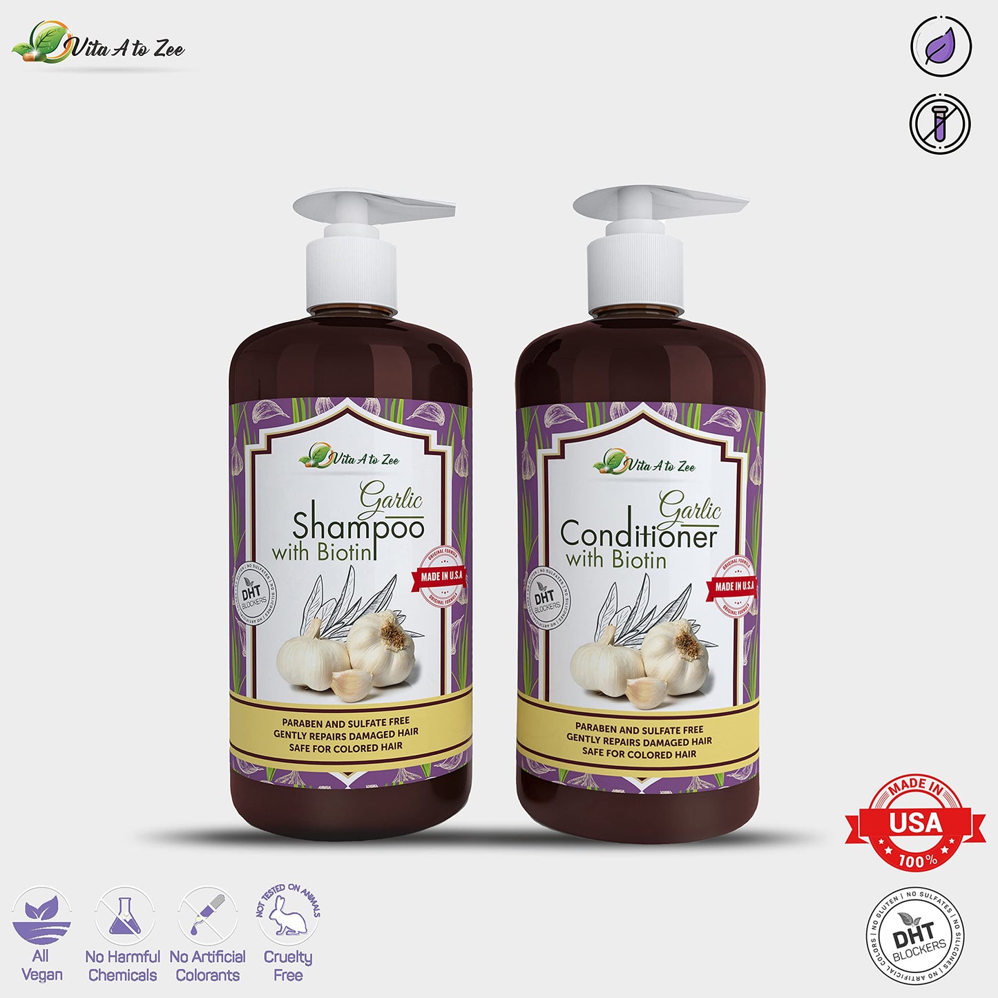 Vita A to Zee Garlic Hair Shampoo & Conditioner with Anti DHT Blocker - Garlic Natural Hair Treatment for Hair Growth, Loss, Thinning & Itchy Scalp