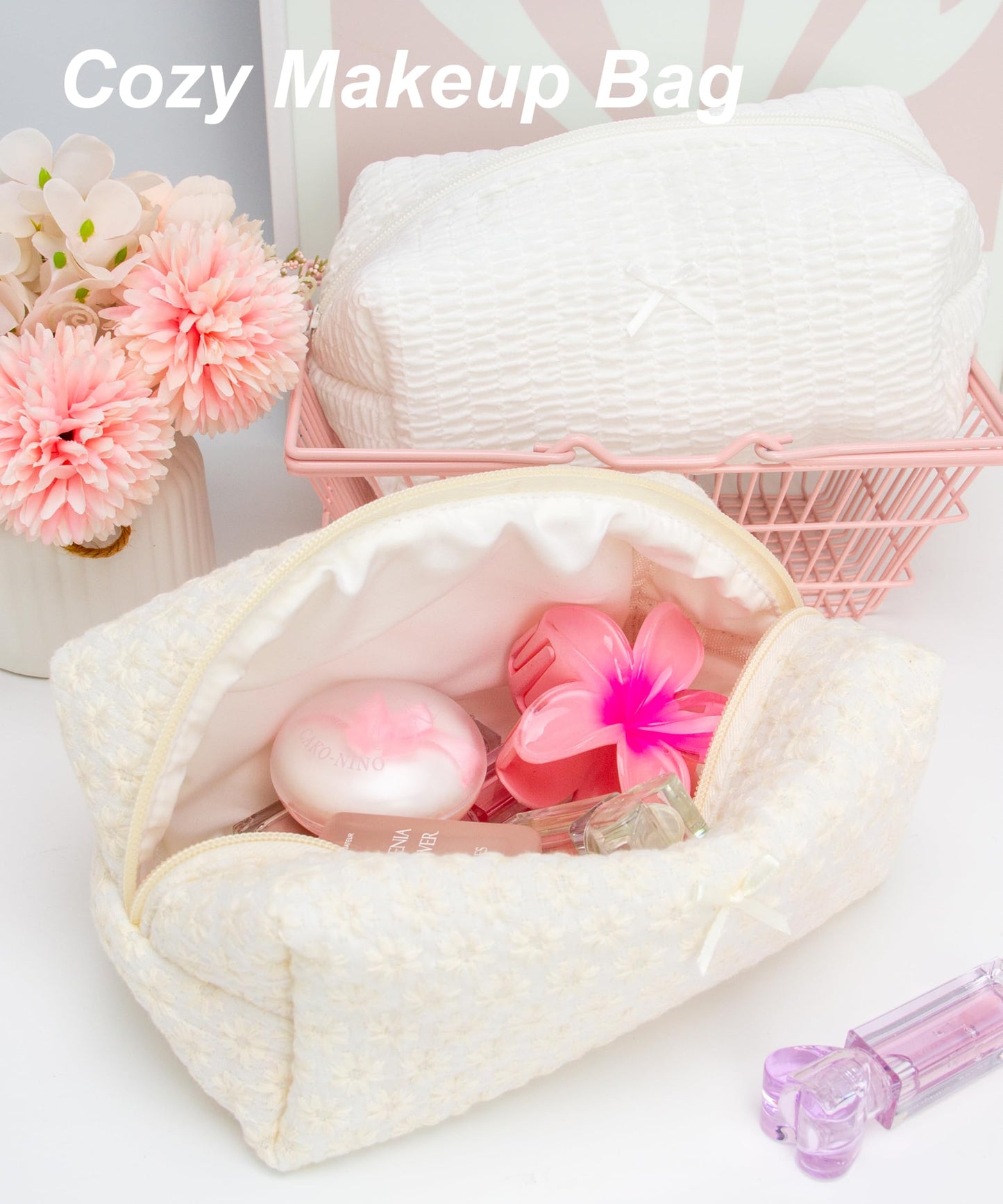 Cozy Makeup Bag for Women,Zipper Cosmetic Pouch,Embroidery Daisy,6 Pack Beauty and Personal Care PAZIMIIK